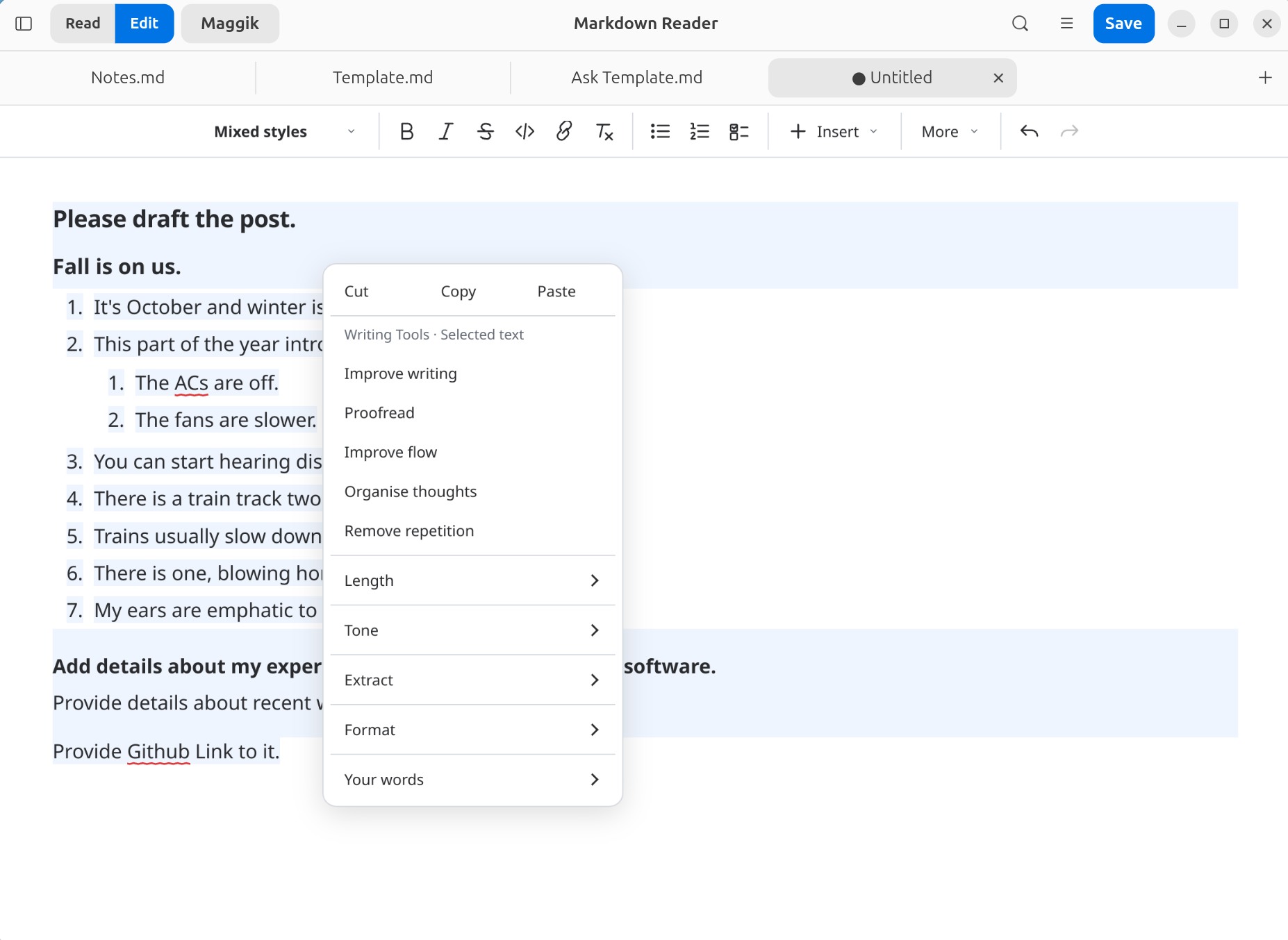 Notes for this post selected in Markdown Reader, with the Writing Tools menu open.