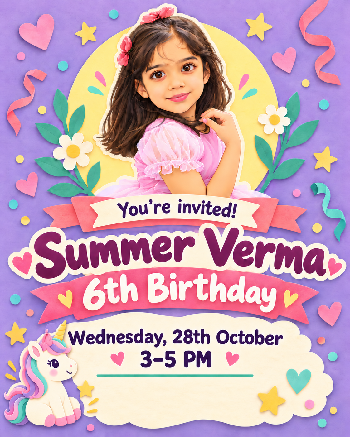Summer Verma’s sixth birthday invitation, with a unicorn. Wednesday, 28 October, 3–5 PM. Open the birthday games.